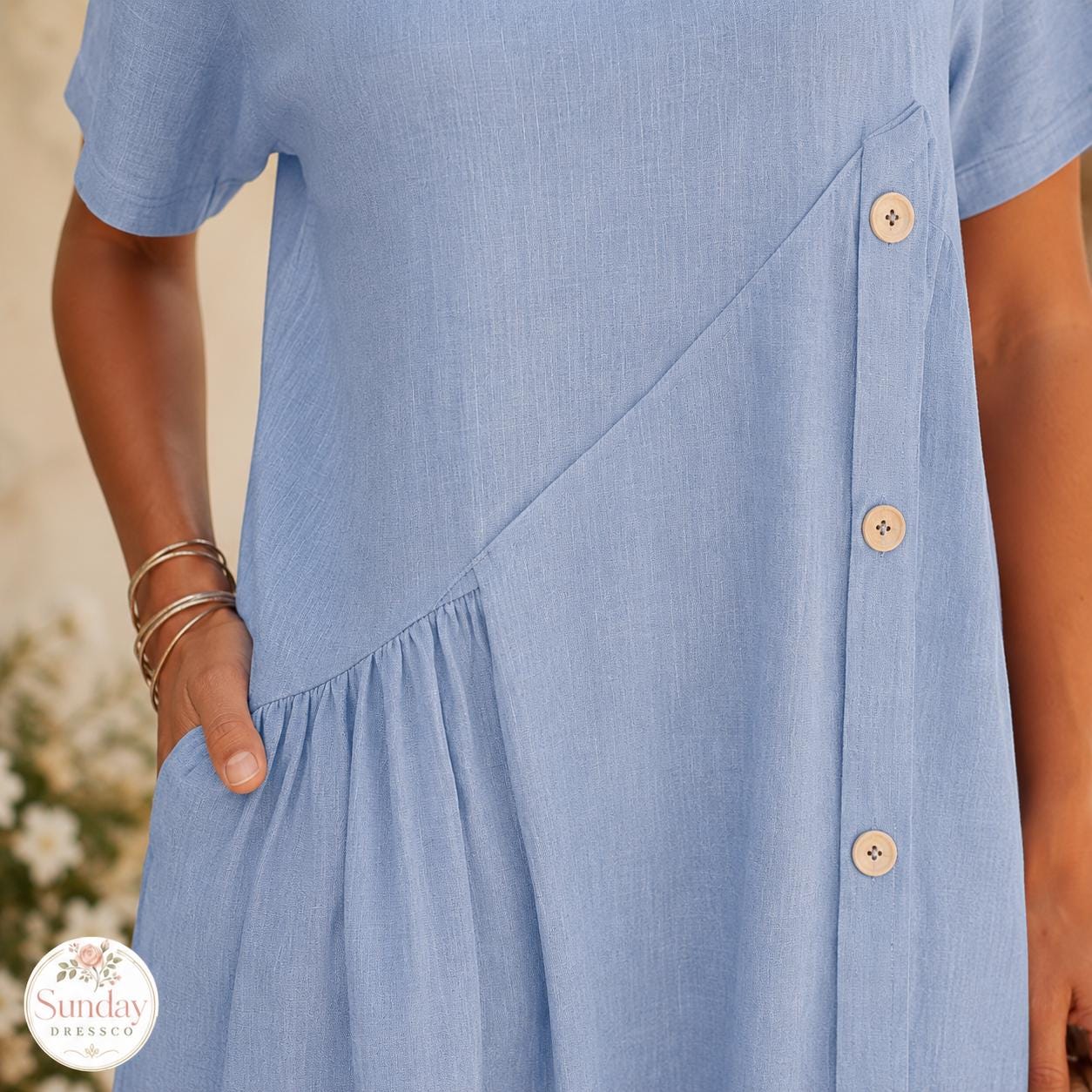 Linen Look Midi Dress - Button Front Sundress, Womens Clothing, Summer Outfit