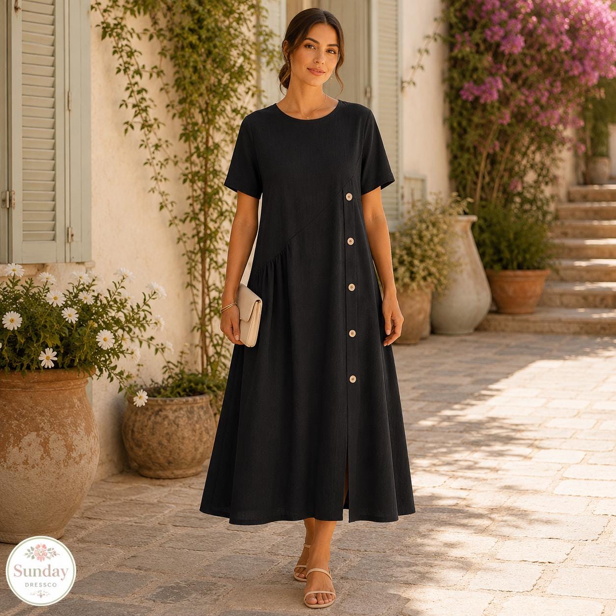Linen Look Midi Dress - Button Front Sundress, Womens Clothing, Summer Outfit
