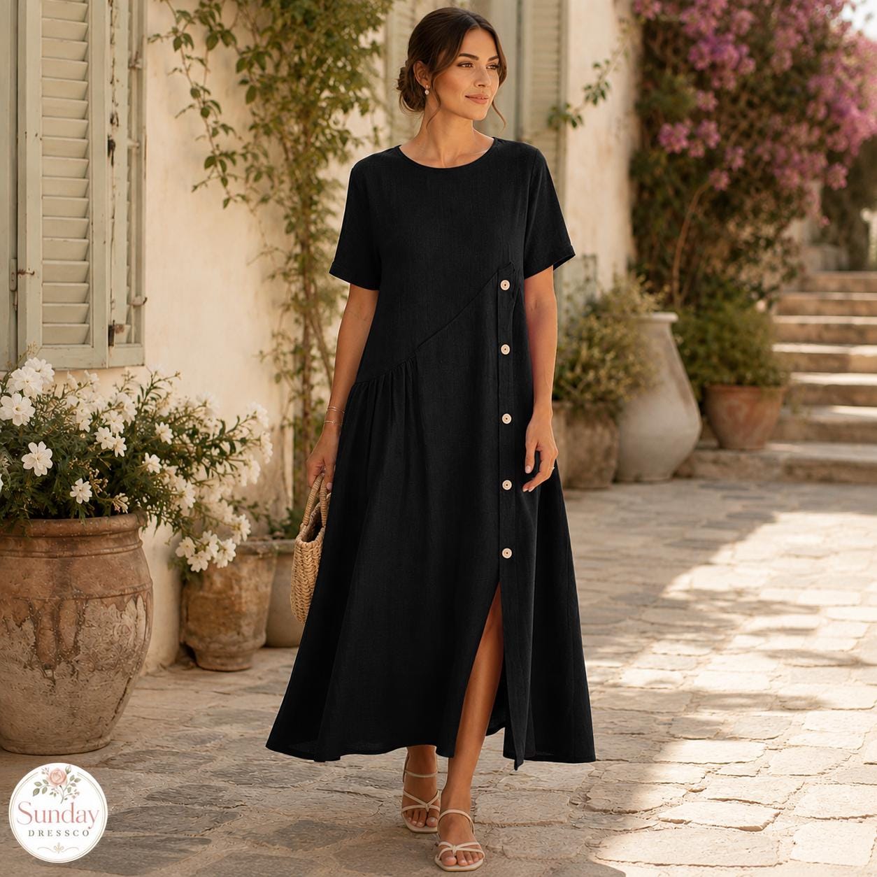 Linen Look Midi Dress - Button Front Sundress, Womens Clothing, Summer Outfit