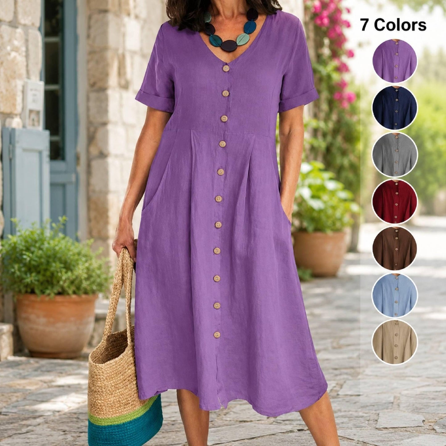 Cotton Linen Blend Midi Dress, Button Front Dress, Casual Summer Outfit, Pockets, Loose Fit