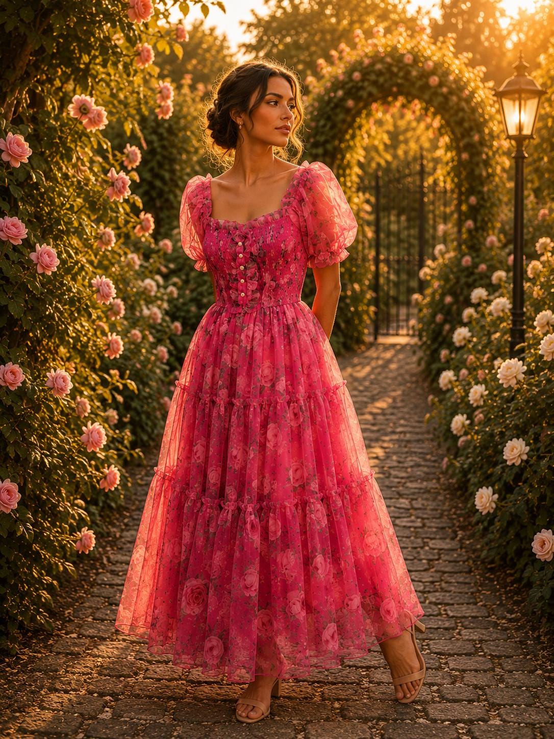 Summer Floral Chiffon Maxi Dress, Romantic Evening Wedding Gown, French Mesh Cinched Slash Neck Dress, Flowy Vacation Dress, Resort Wear