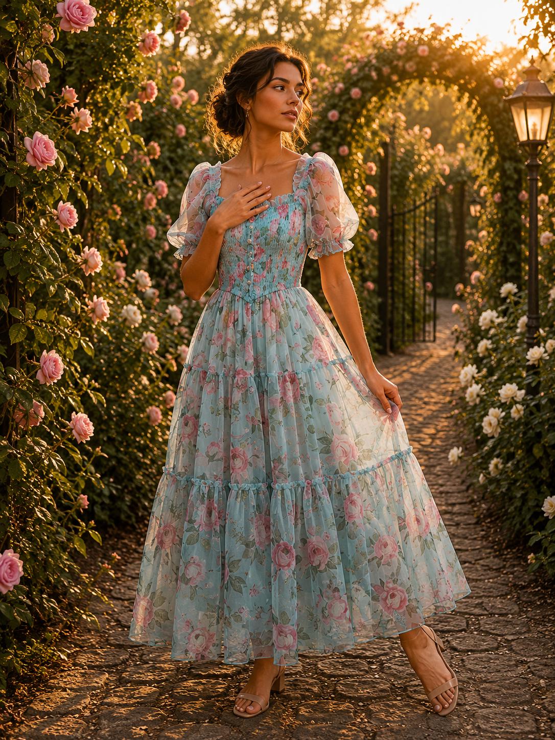 Summer Floral Chiffon Maxi Dress, Romantic Evening Wedding Gown, French Mesh Cinched Slash Neck Dress, Flowy Vacation Dress, Resort Wear