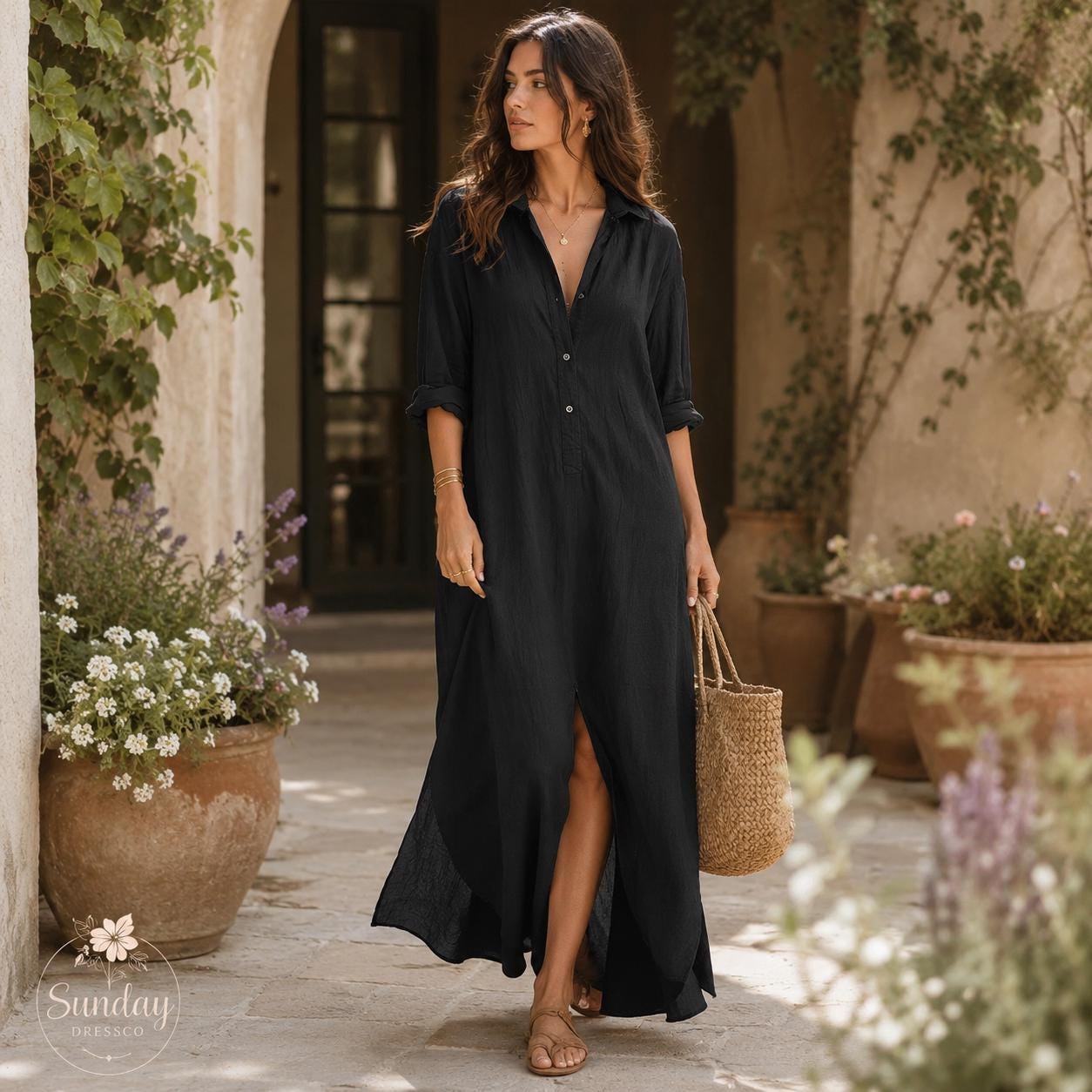 Button Down Maxi Dress Front Slit - Shirt Dress, Women's Clothing, Summer Outfit