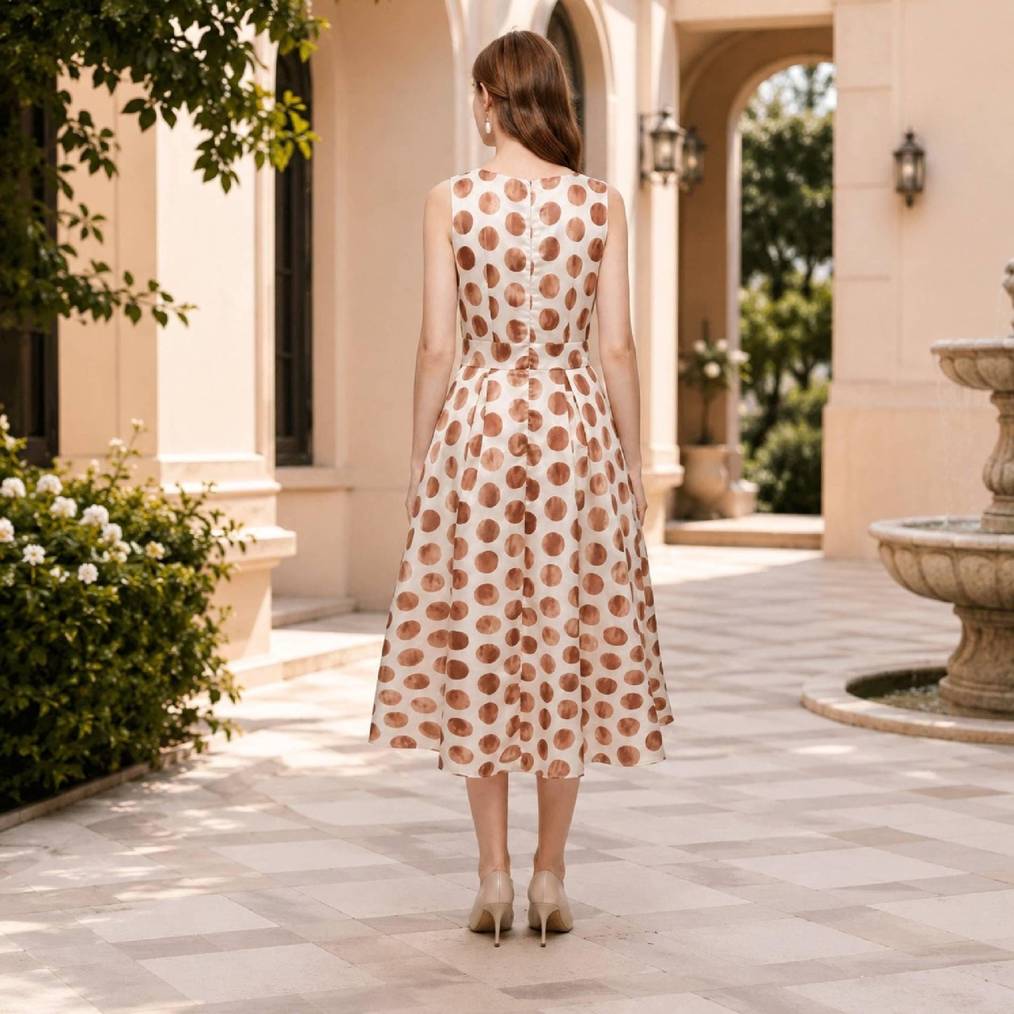 Women's Polka Dot Midi Dress Elegant Sleeveless Casual Party Summer A Line Fit Flare Dress