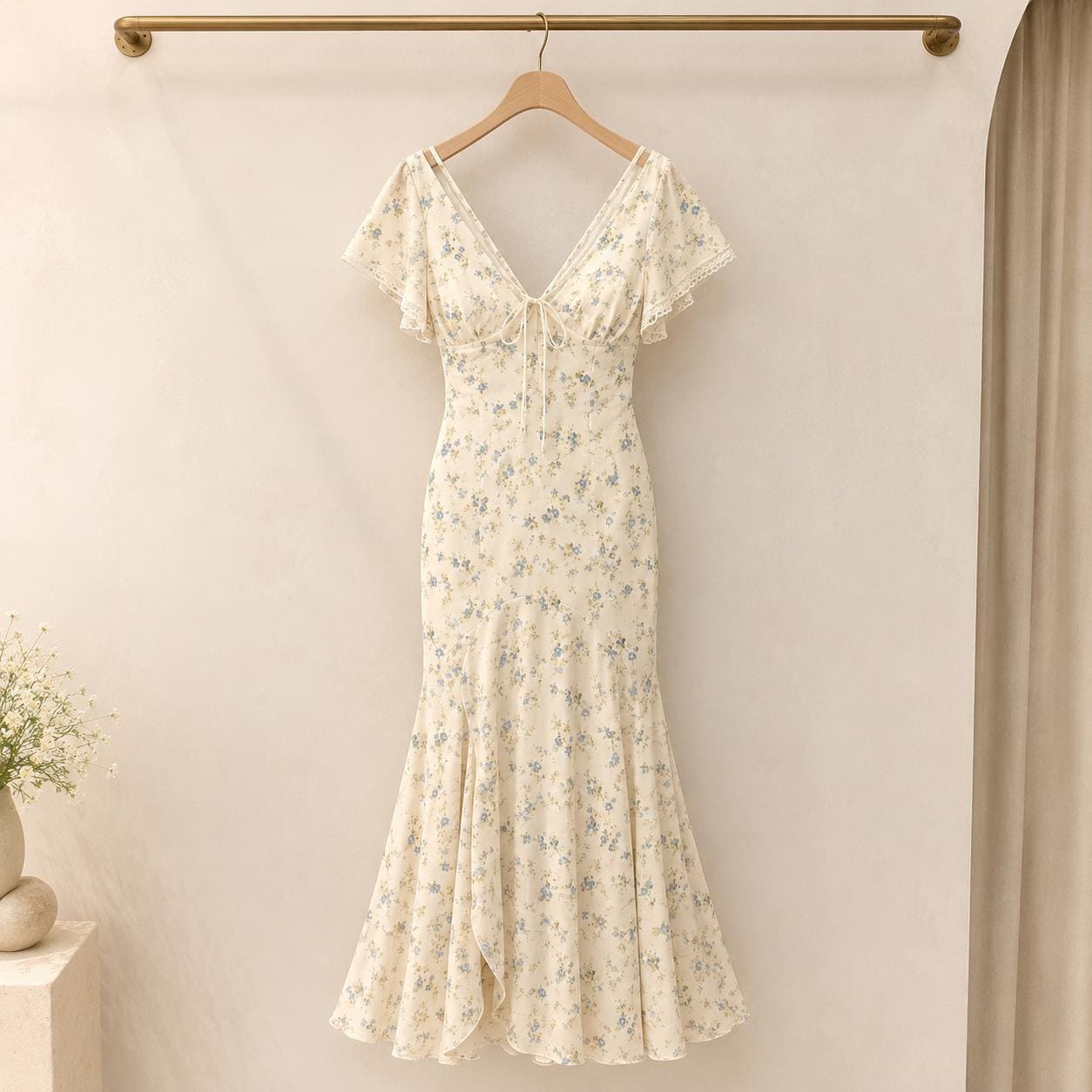 Floral V-Neck Maxi Dress, Short Sleeve Elegant Summer Holiday Party Dress
