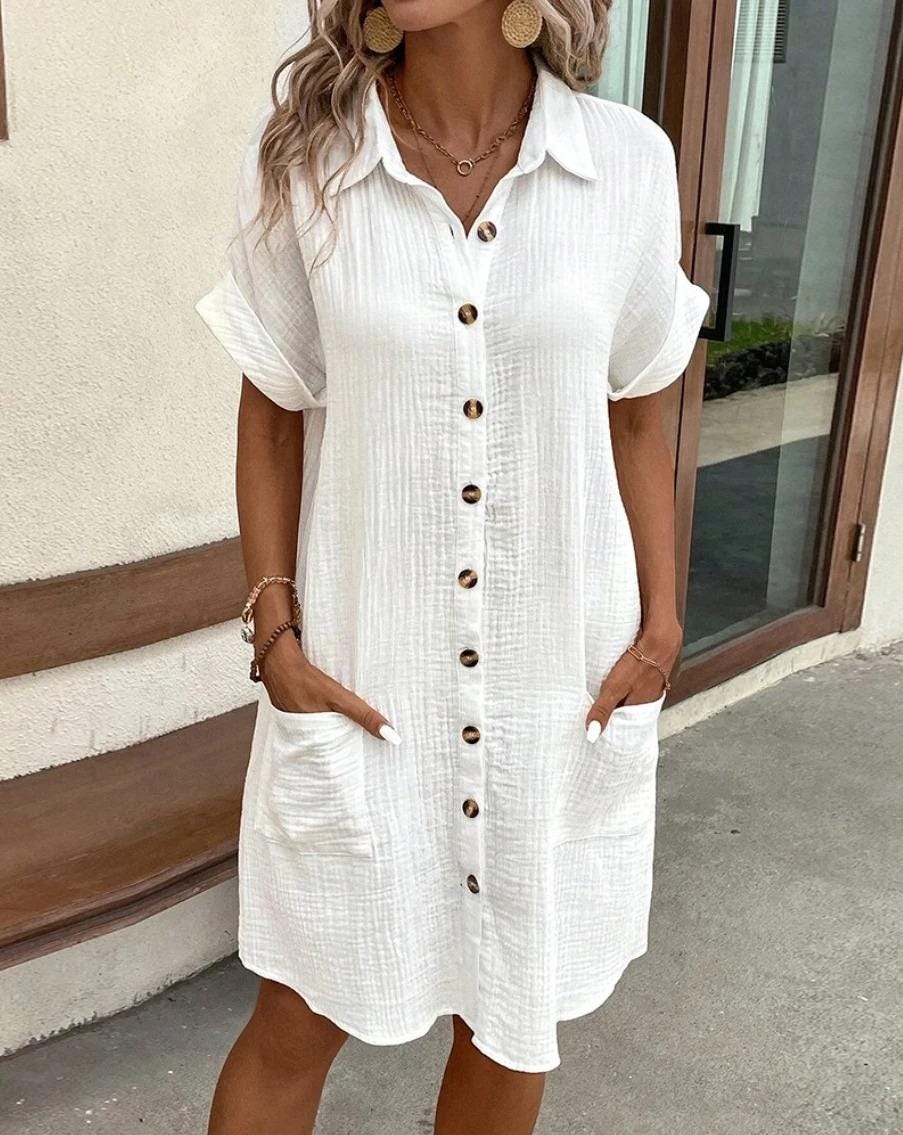 Vintage Cotton Linen Dress Women V Neck Summer Mini Dress