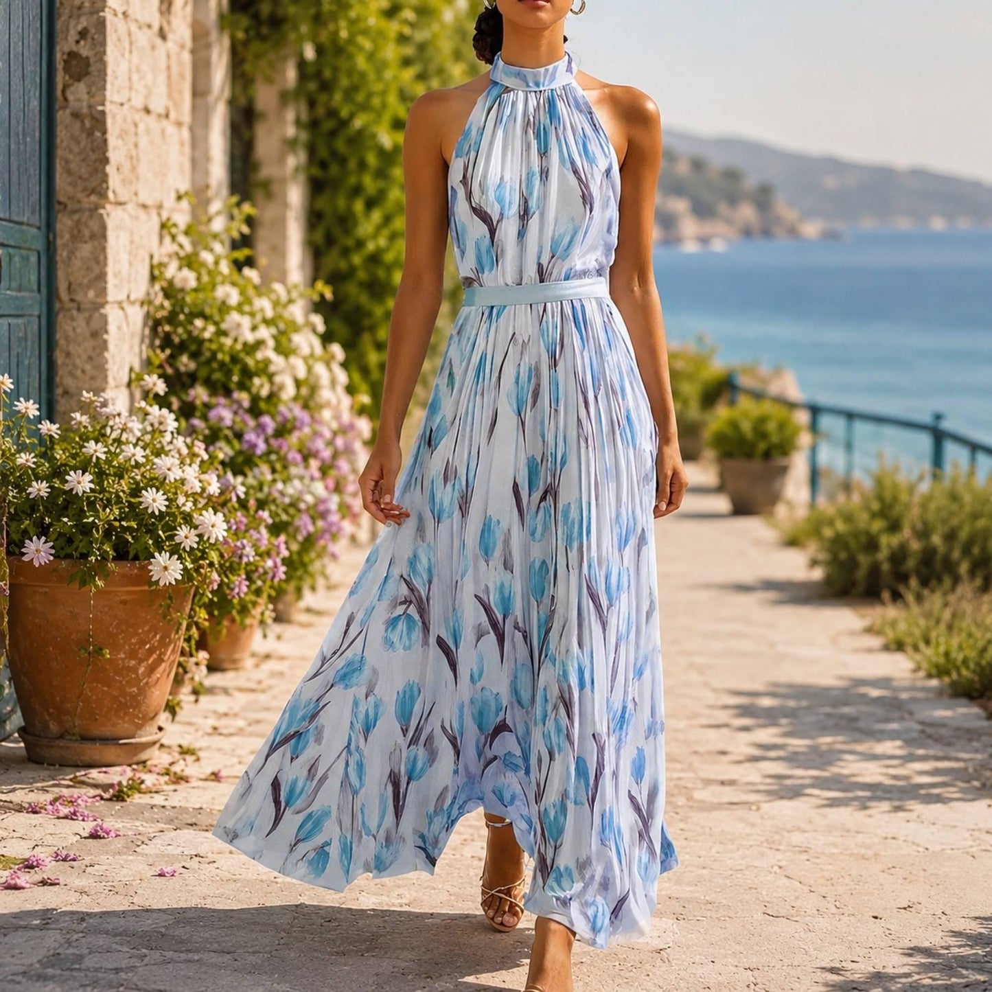 Womens Halter Maxi Dress Floral Pleated Beach Vacation Wedding Guest Summer Flowy Elegant Outfit