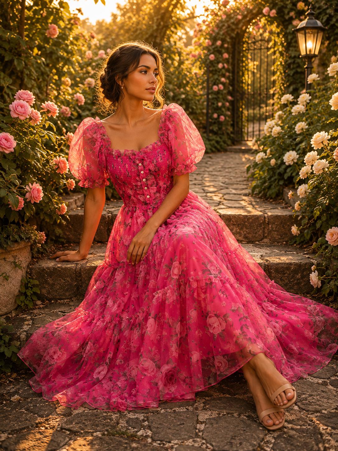 Summer Floral Chiffon Maxi Dress, Romantic Evening Wedding Gown, French Mesh Cinched Slash Neck Dress, Flowy Vacation Dress, Resort Wear