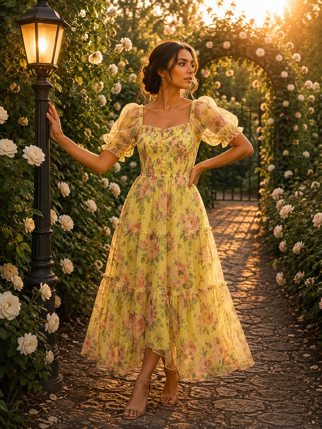 Summer Floral Chiffon Maxi Dress, Romantic Evening Wedding Gown, French Mesh Cinched Slash Neck Dress, Flowy Vacation Dress, Resort Wear