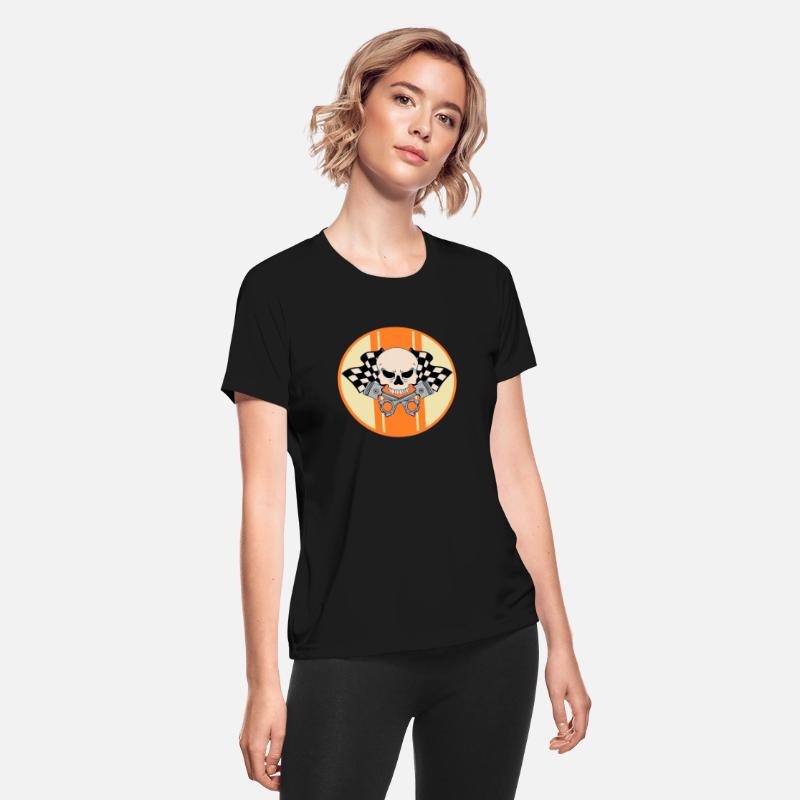 Orange racing stripe with pirate skull and pistons