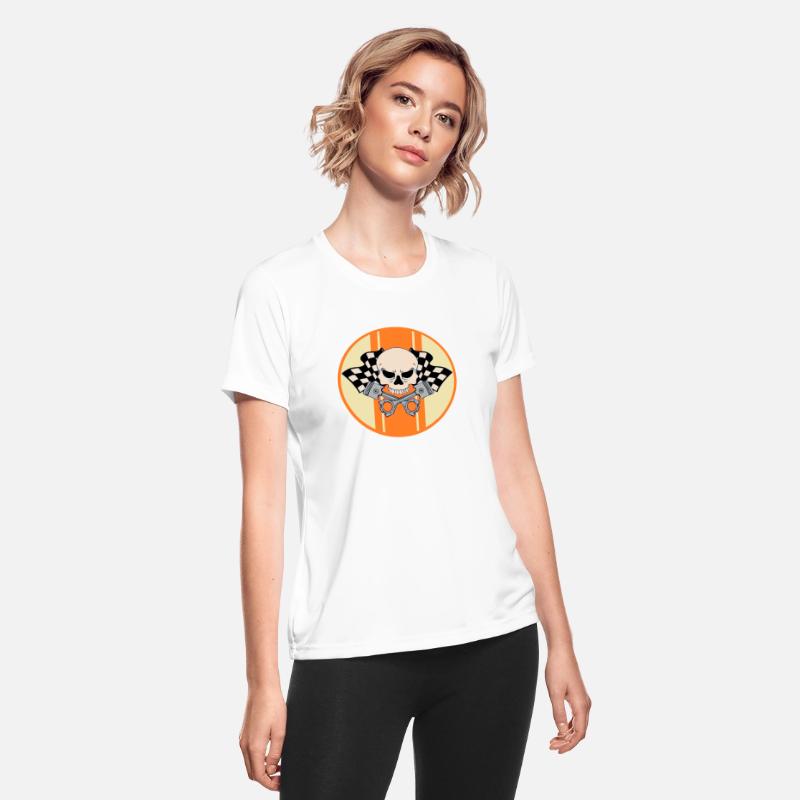 Orange racing stripe with pirate skull and pistons