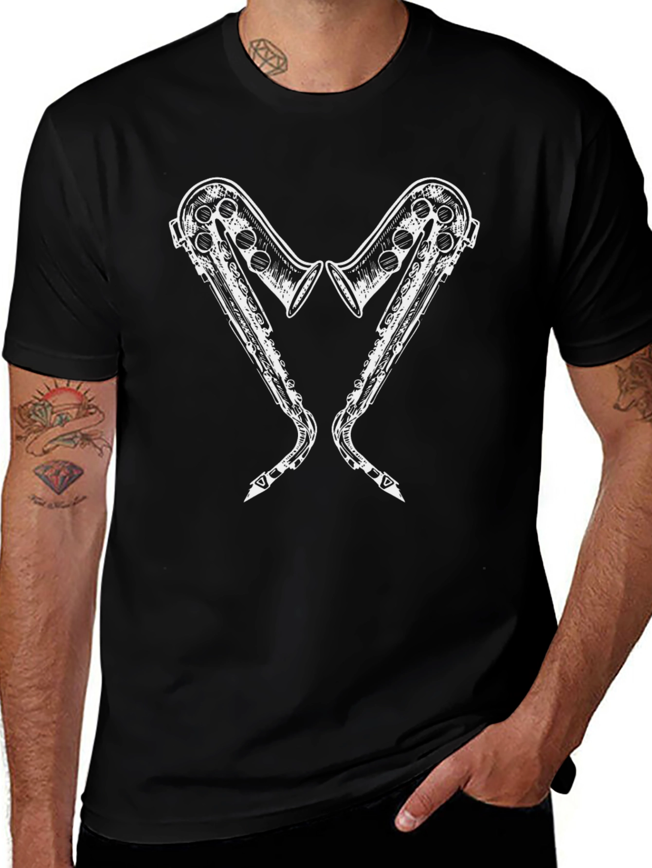 Saxophone Heart Graphic Tee - Black Cotton