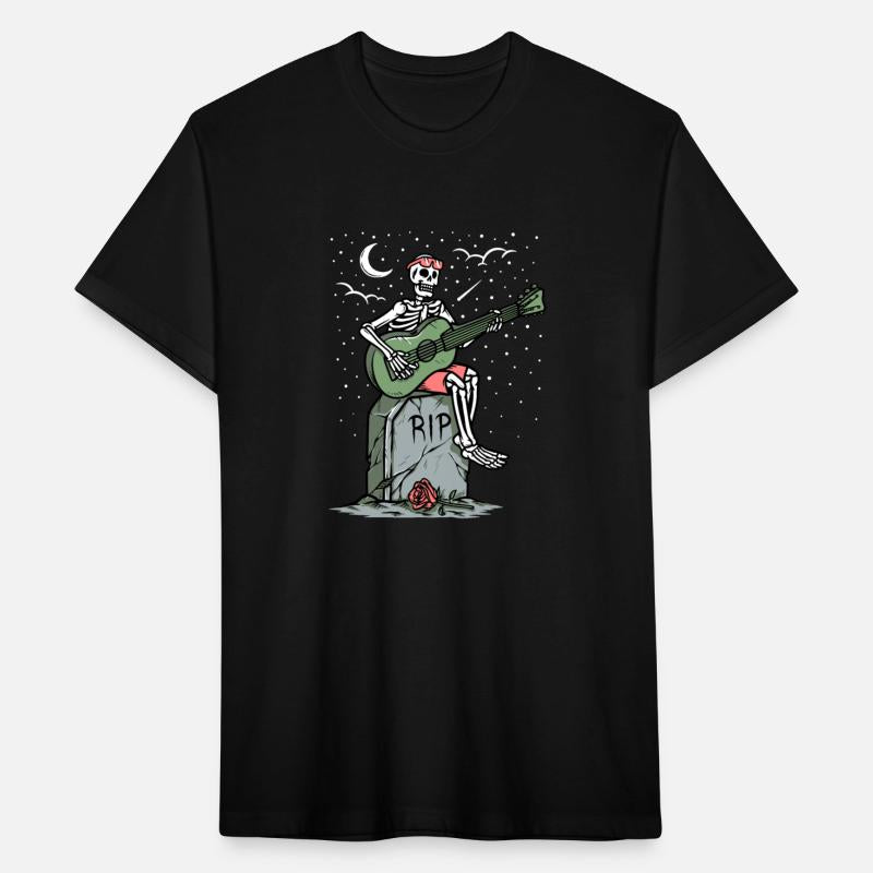 Skeleton playing guitar on grave