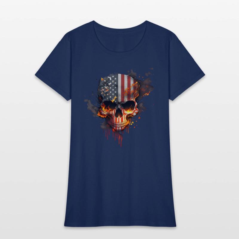 Skull with american flag (USA) and flames of fire.
