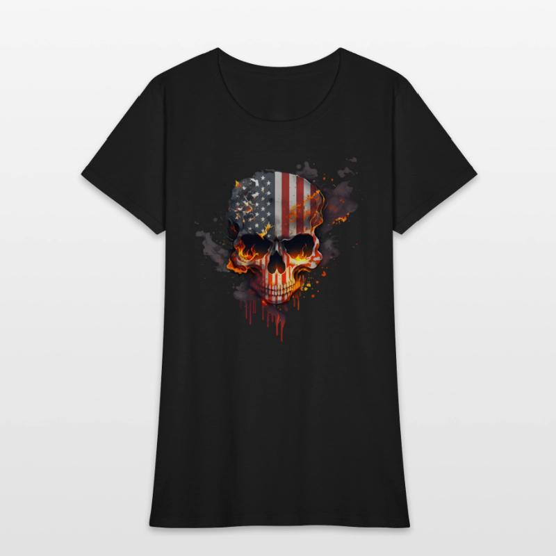 Skull with american flag (USA) and flames of fire.