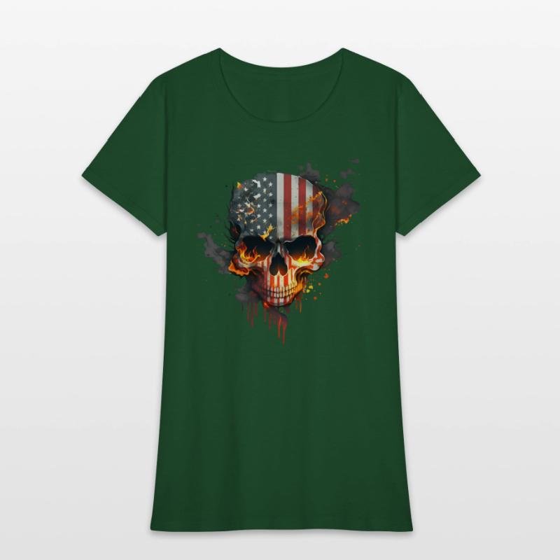 Skull with american flag (USA) and flames of fire.