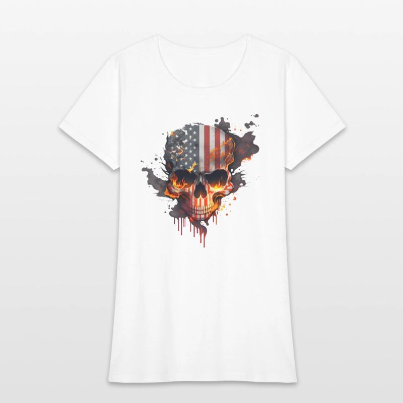 Skull with american flag (USA) and flames of fire.