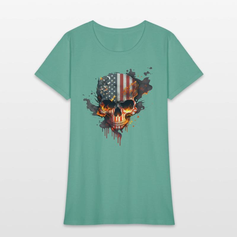 Skull with american flag (USA) and flames of fire.