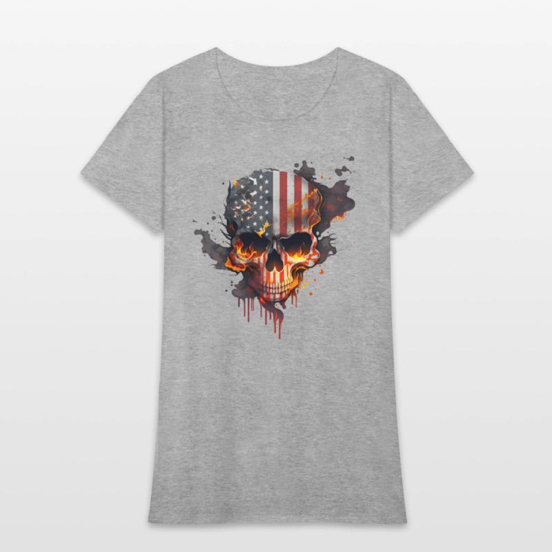 Skull with american flag (USA) and flames of fire.