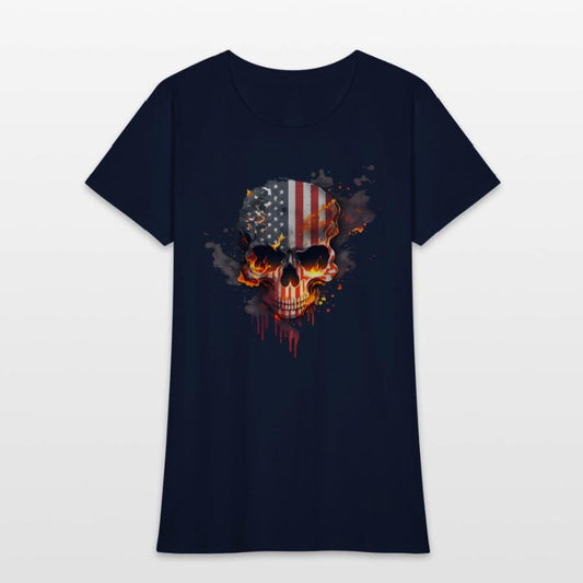 Skull with american flag (USA) and flames of fire.