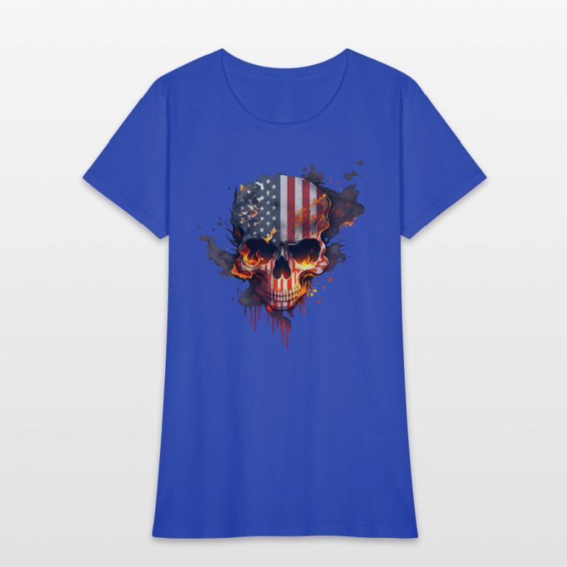 Skull with american flag (USA) and flames of fire.