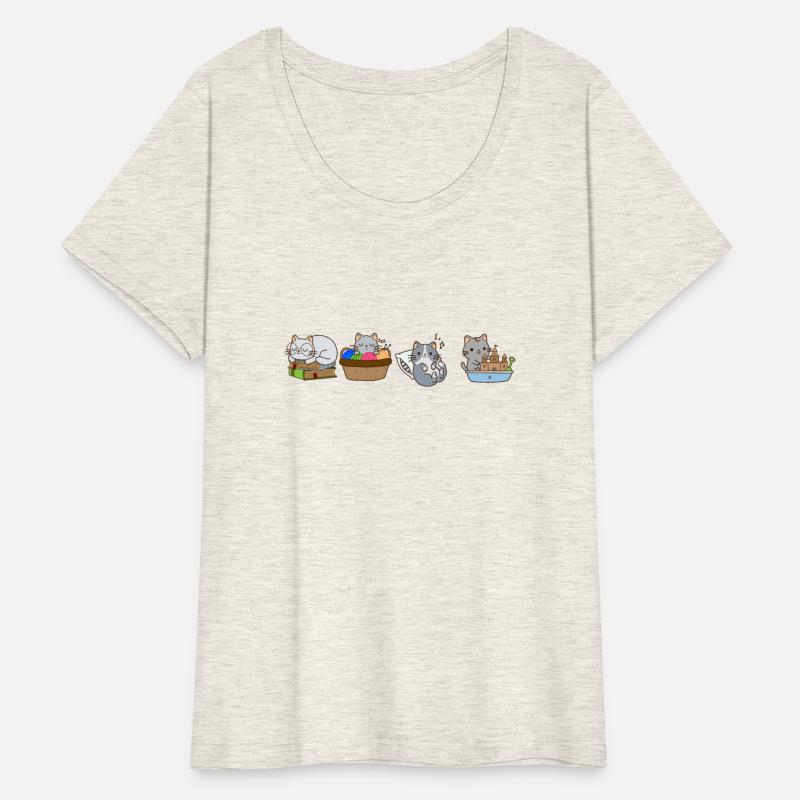 Three cats sleep and one play sandbox