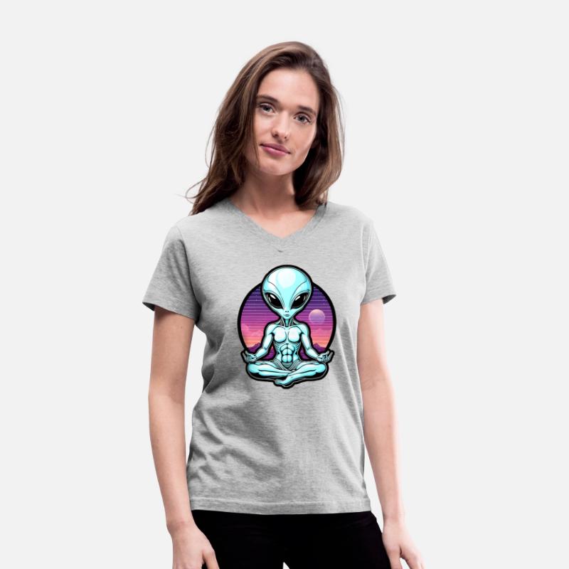 Vaporwave design of meditating grey alien