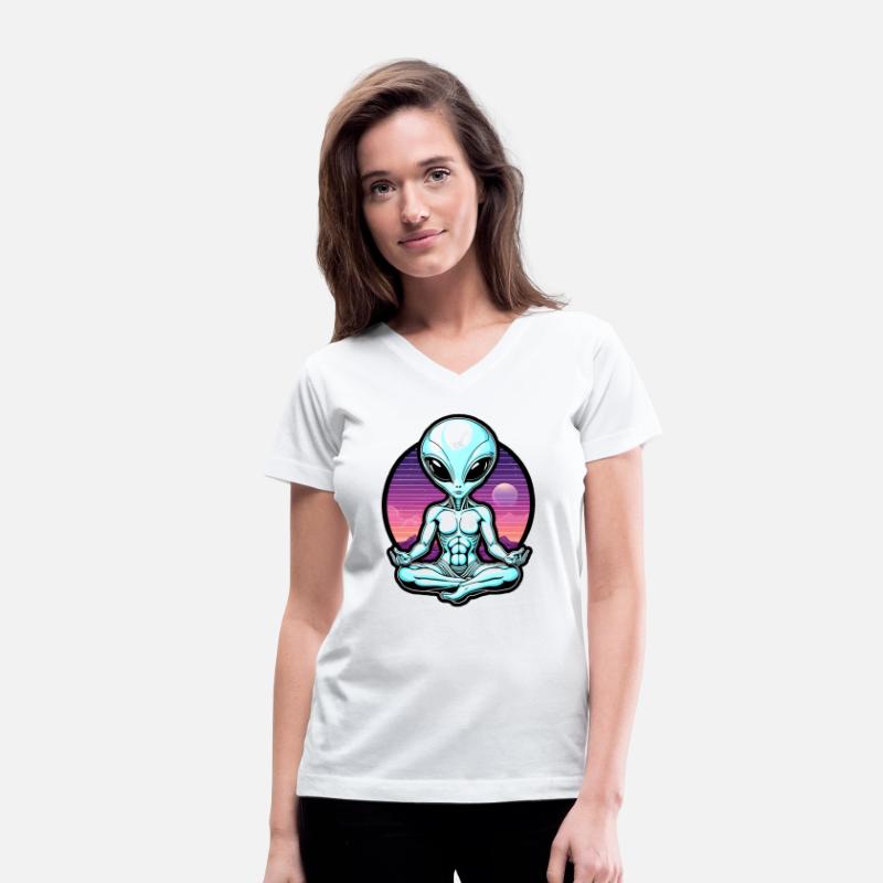 Vaporwave design of meditating grey alien