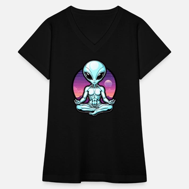 Vaporwave design of meditating grey alien