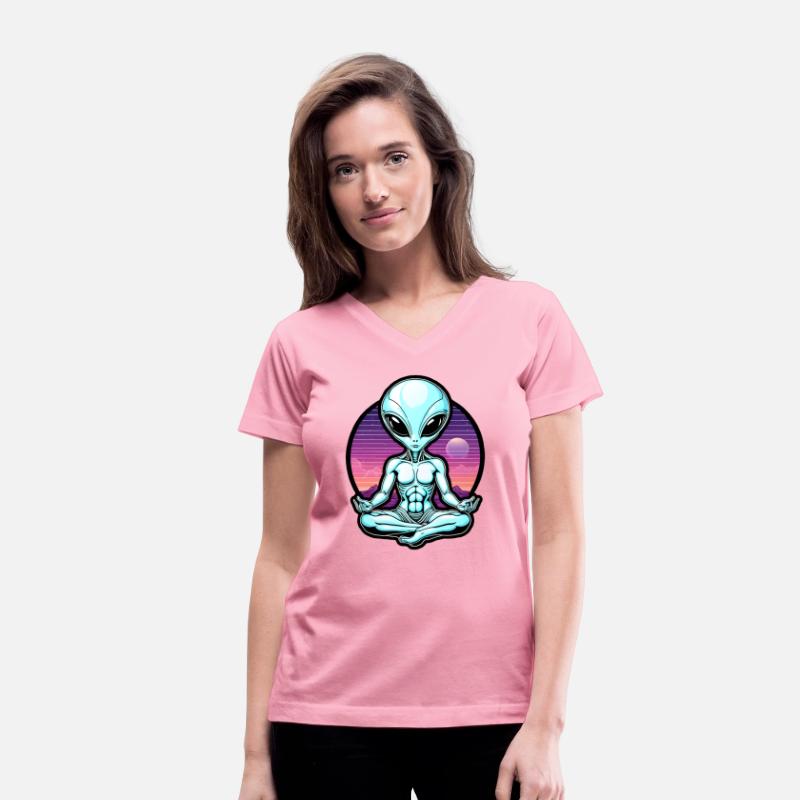 Vaporwave design of meditating grey alien